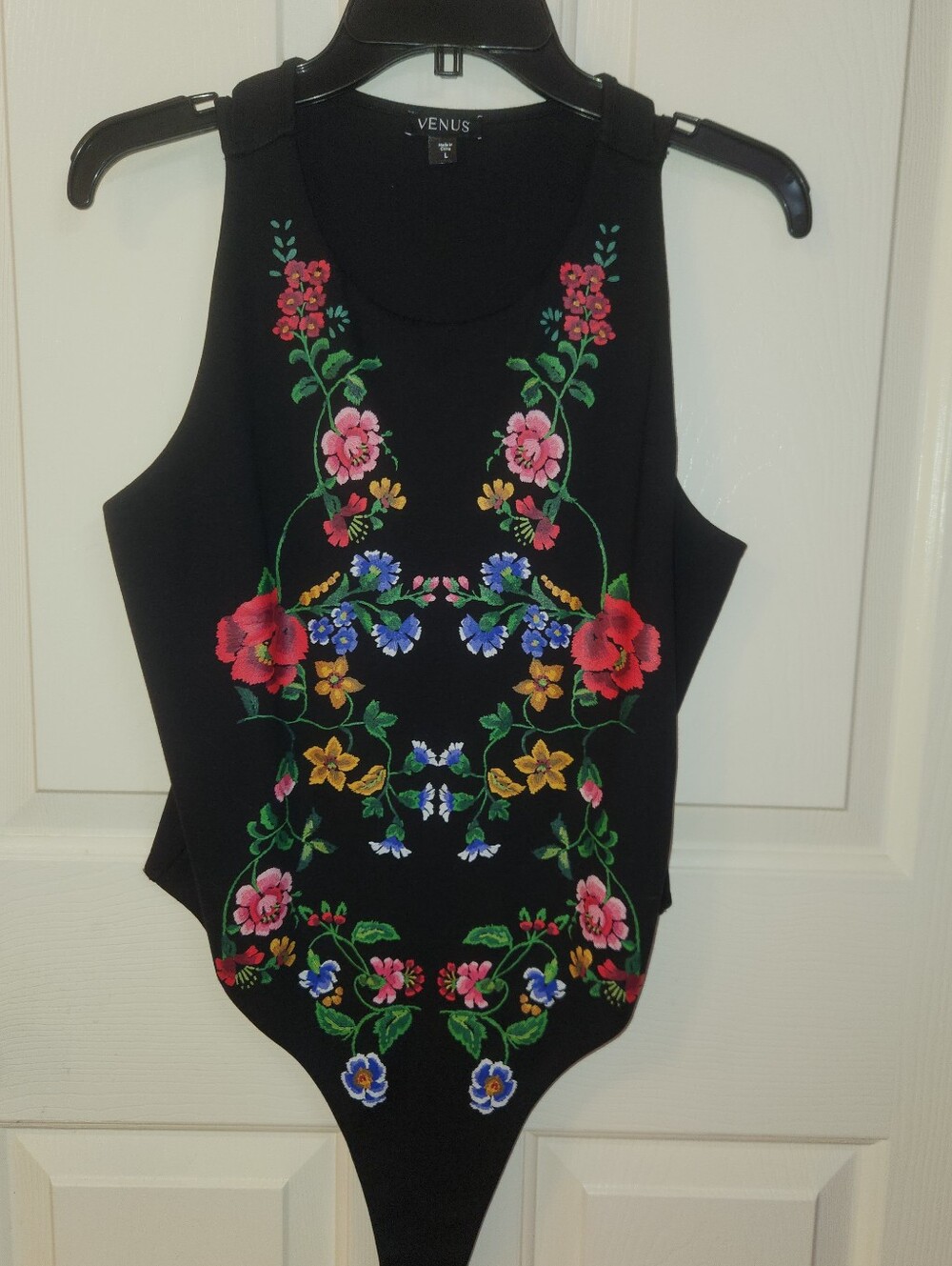 VENUS Black Bodysuit with Multicolor Floral Embroidery